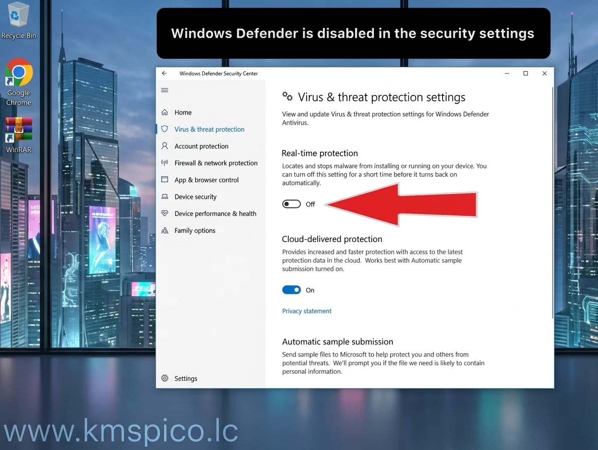 Windows Defender Security Center with Real-time protection switched Off, marked by a red arrow