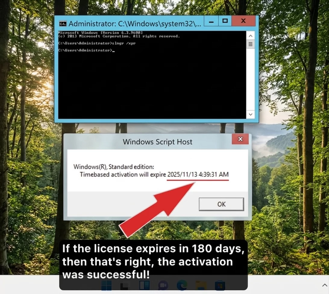 Windows Script Host dialog confirming activation with a 180-day